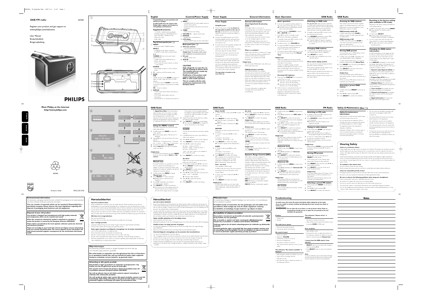 Dab fm radio 1, Hørselssikkerhet, Høresikkerhed | English controls/power supply, Power supply general information, Basic operation dab radio, Dab radio, Safety & maintenance (see 7 ), Dab radio fm radio, Register your product and get support at | Philips DAB FM radio AE5900 User Manual | Page 4 / 43