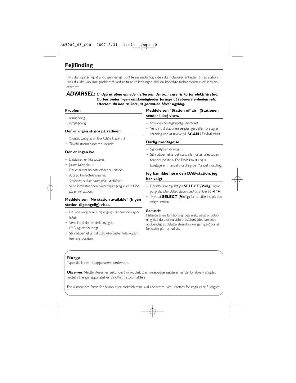 Fejlfinding, Advarsel | Philips DAB FM radio AE5900 User Manual | Page 40 / 43