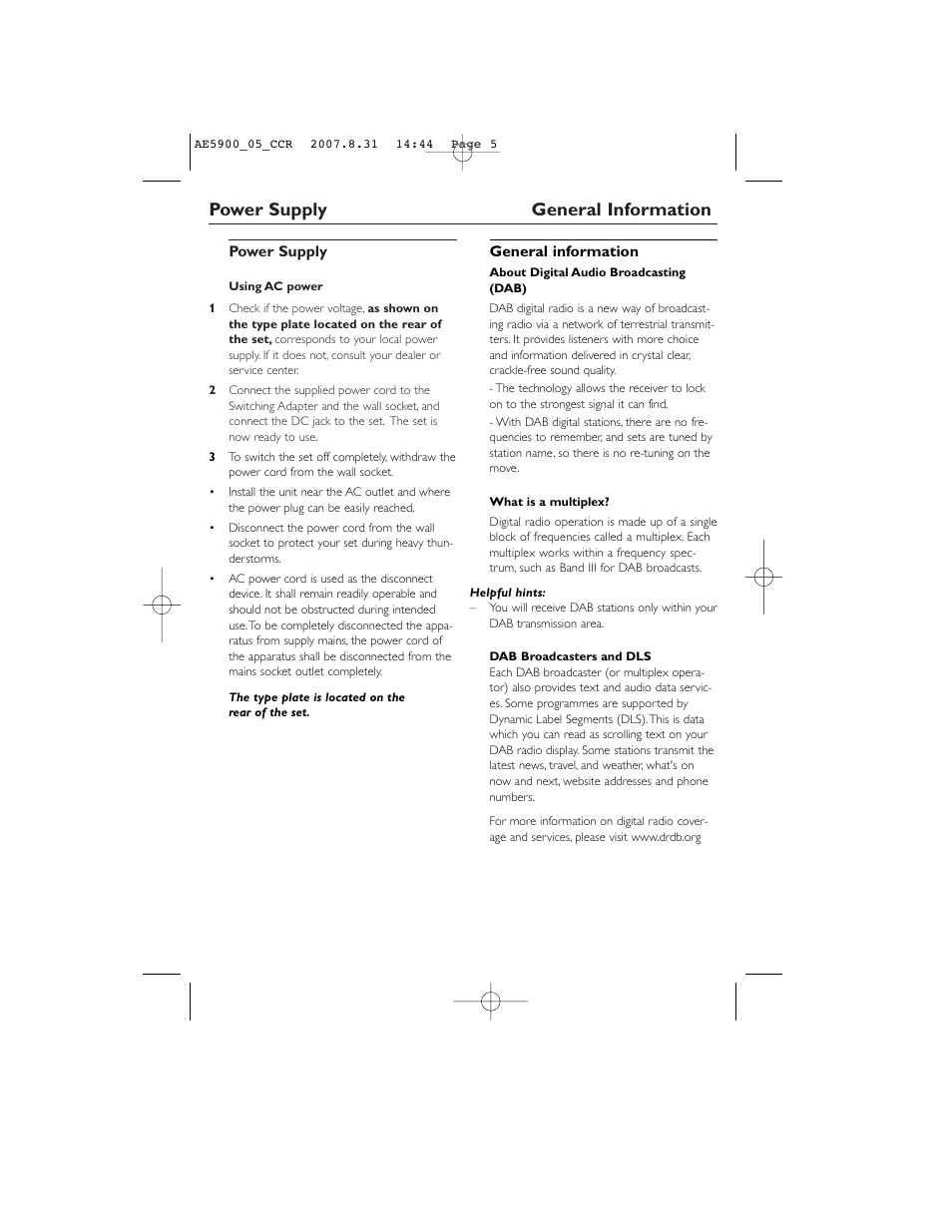 Power supply general information | Philips DAB FM radio AE5900 User Manual | Page 5 / 43