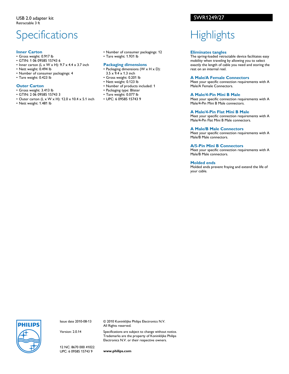 Specifications, Highlights | Philips SWR1249 User Manual | Page 2 / 2