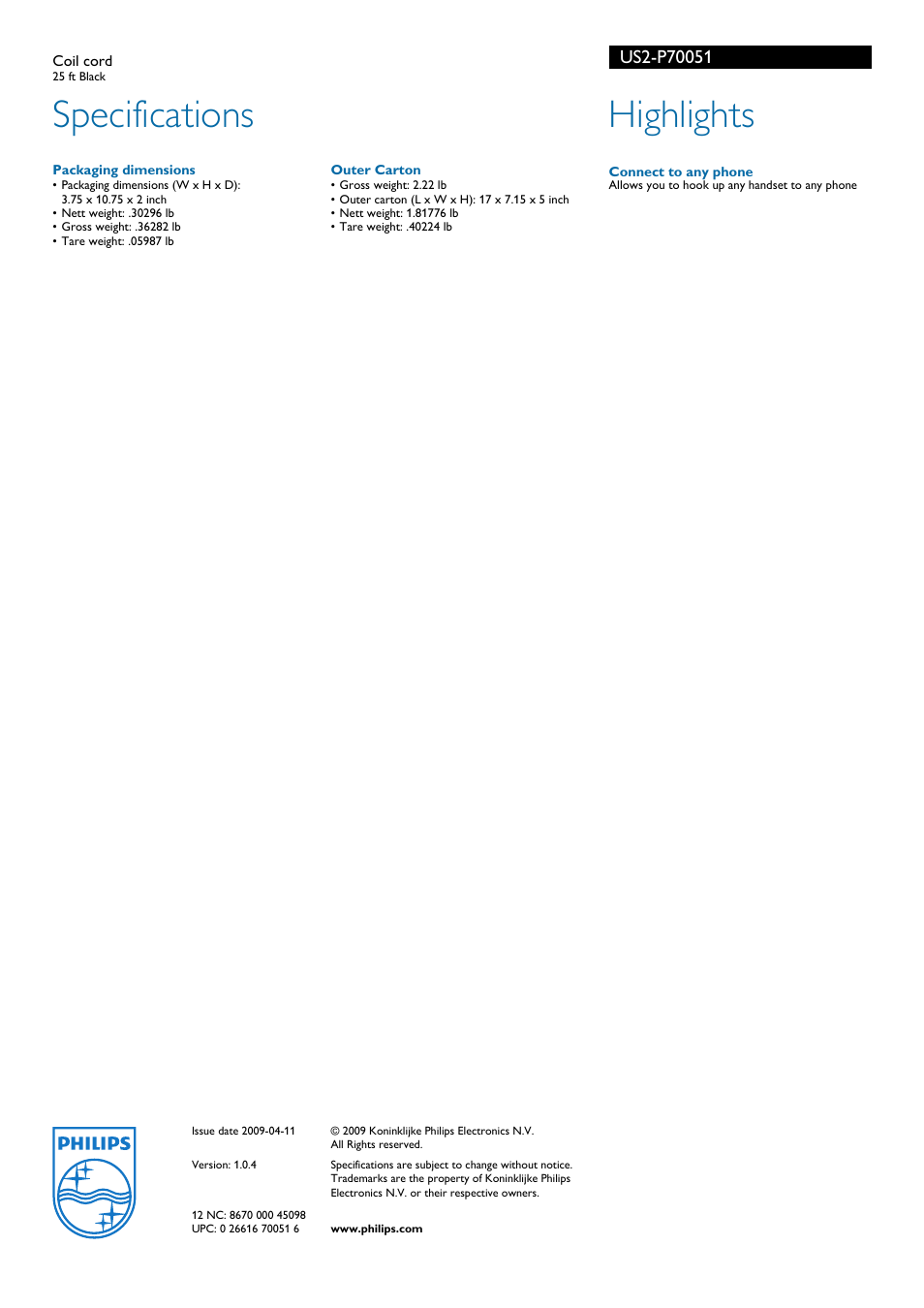 Specifications, Highlights | Philips Coil Cord US2-P70051 User Manual | Page 2 / 2