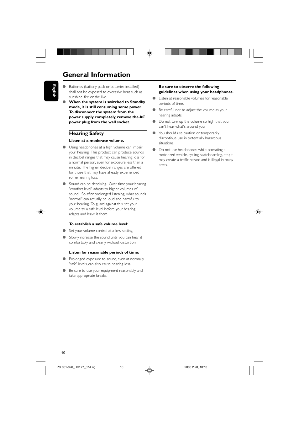 General information, Hearing safety | Philips DC177 User Manual | Page 10 / 27