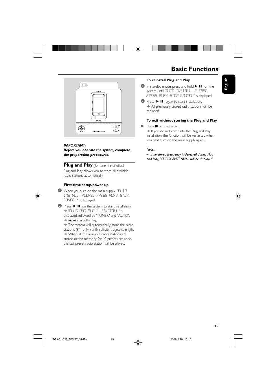 Basic functions, Plug and play | Philips DC177 User Manual | Page 15 / 27