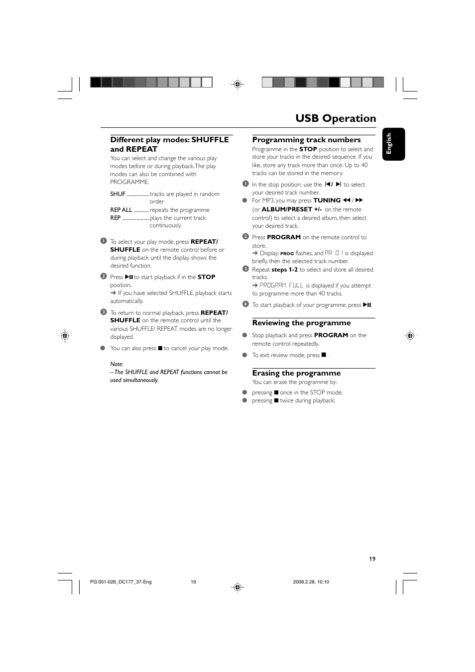 Usb operation | Philips DC177 User Manual | Page 19 / 27