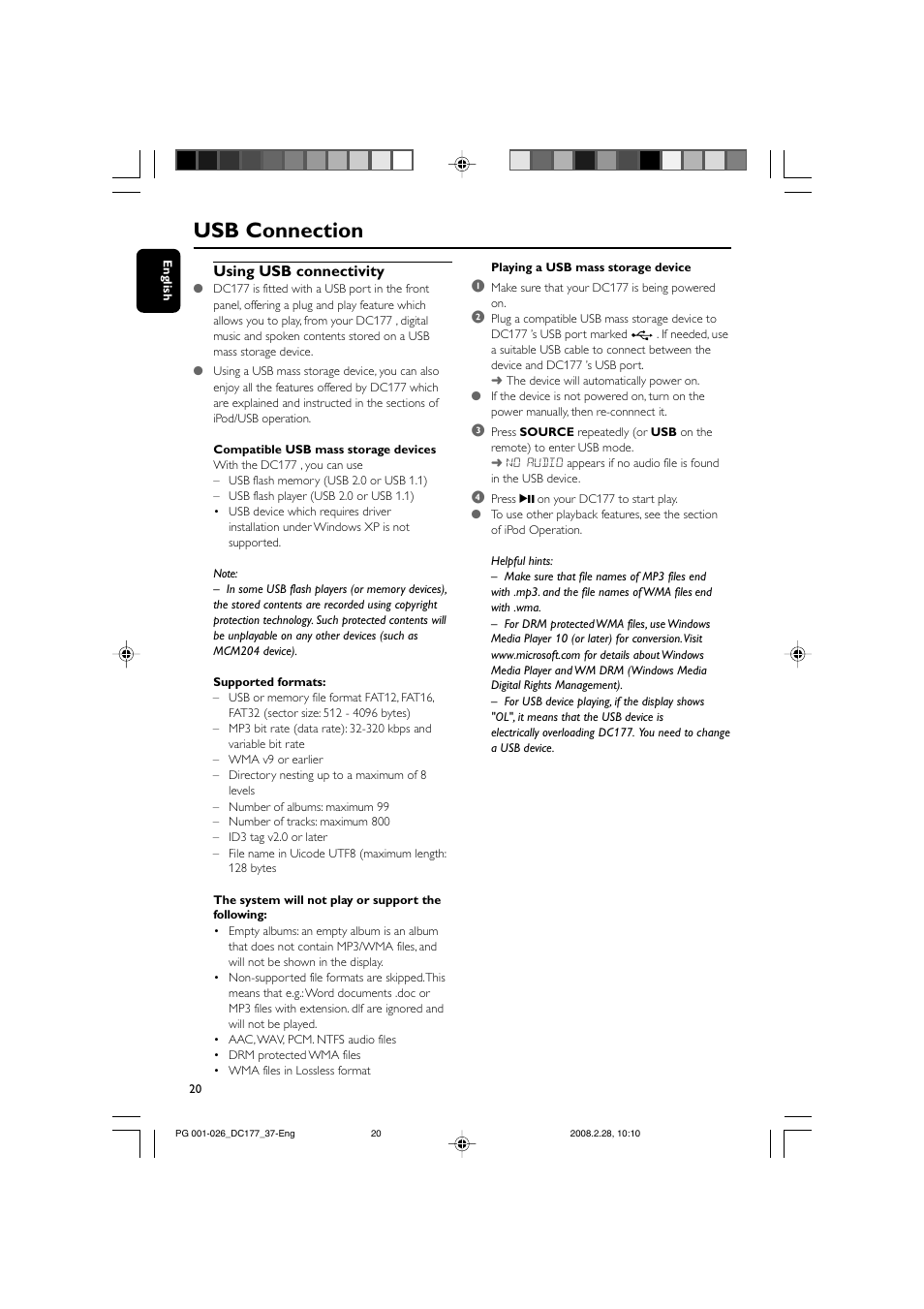 Usb connection, Using usb connectivity | Philips DC177 User Manual | Page 20 / 27