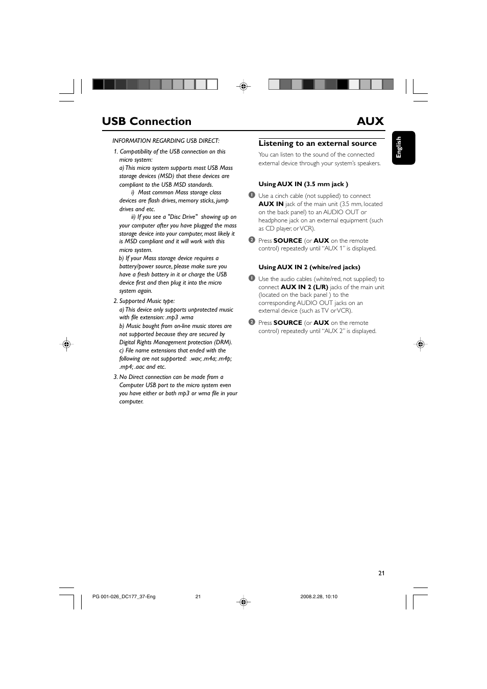 Usb connection aux | Philips DC177 User Manual | Page 21 / 27