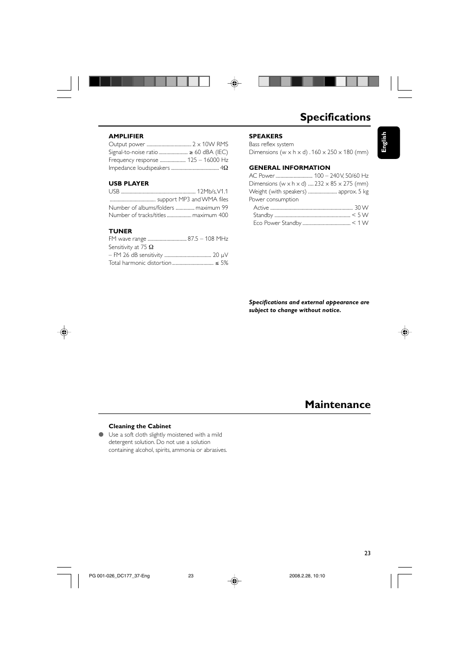 Specifications, Maintenance | Philips DC177 User Manual | Page 23 / 27