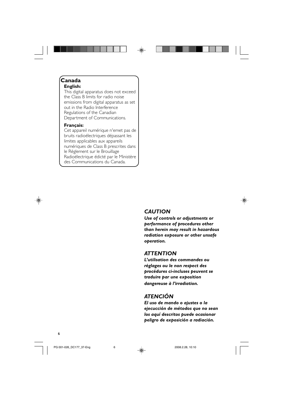 Canada, Caution, Attention | Atención | Philips DC177 User Manual | Page 6 / 27