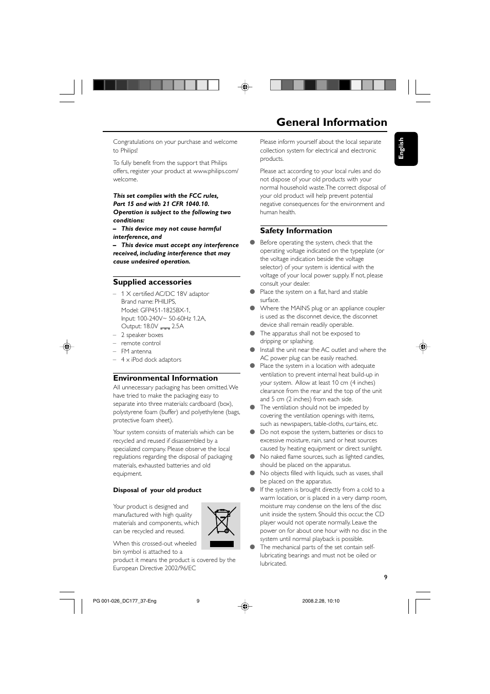 General information, Supplied accessories, Environmental information | Safety information | Philips DC177 User Manual | Page 9 / 27