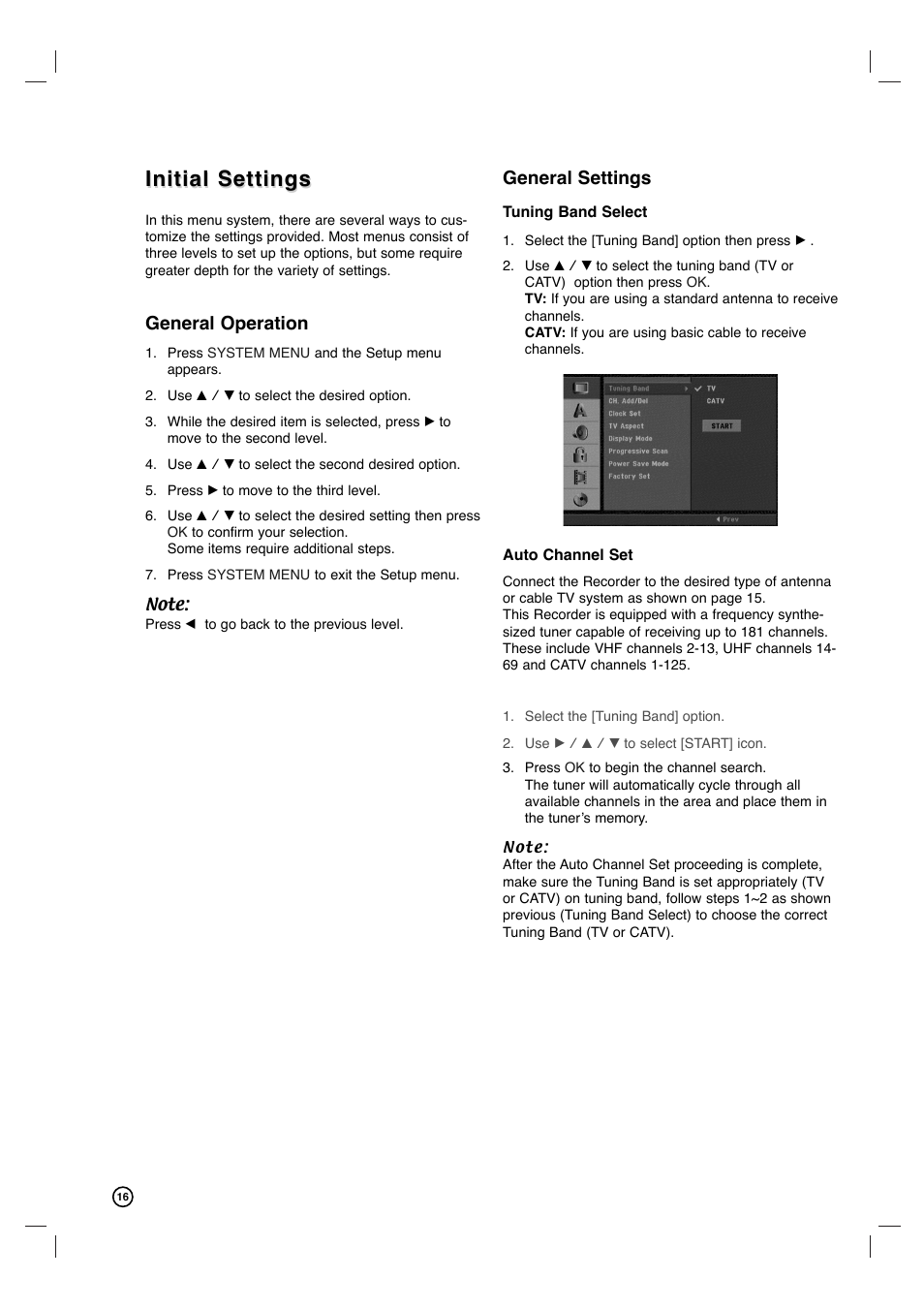 Initial settings, General operation, General settings | Philips VCR & DVD PLAYER DVDR3320V User Manual | Page 16 / 48