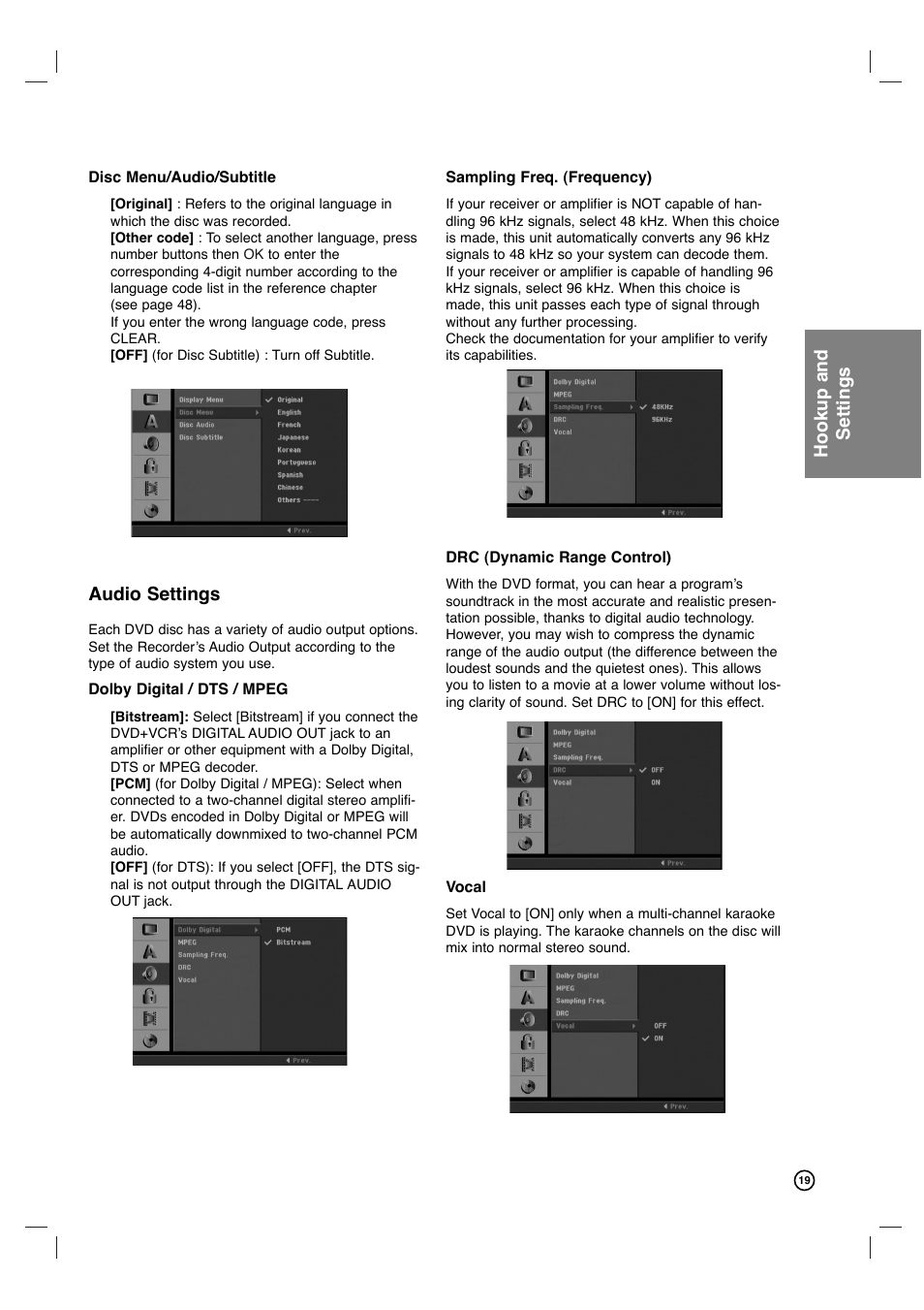 Audio settings, Hookup and settings | Philips VCR & DVD PLAYER DVDR3320V User Manual | Page 19 / 48