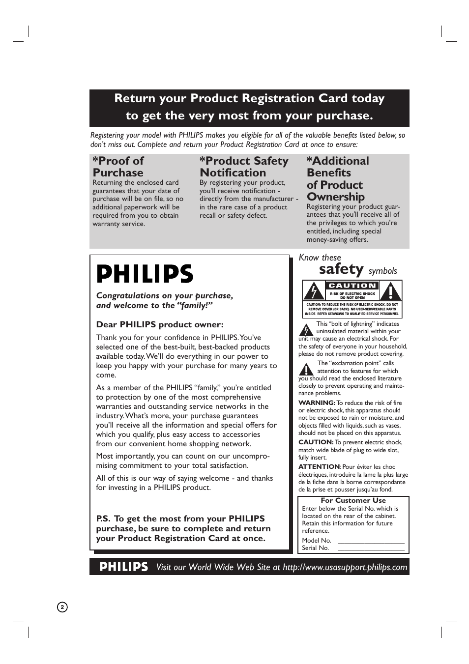 Safety, Proof of purchase, Product safety notification | Additional benefits of product ownership | Philips VCR & DVD PLAYER DVDR3320V User Manual | Page 2 / 48