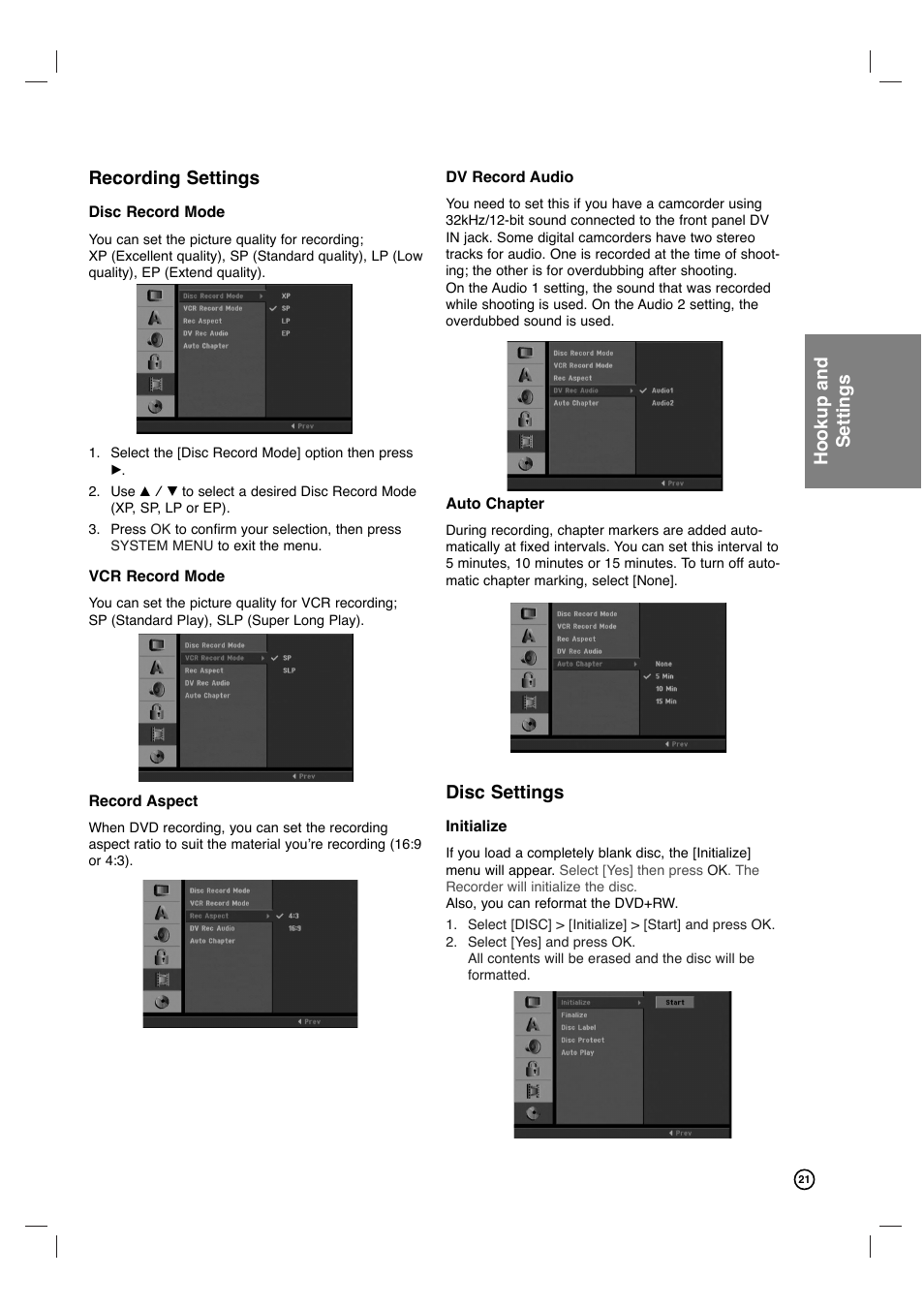 Recording settings, Disc settings, Hookup and settings | Philips VCR & DVD PLAYER DVDR3320V User Manual | Page 21 / 48