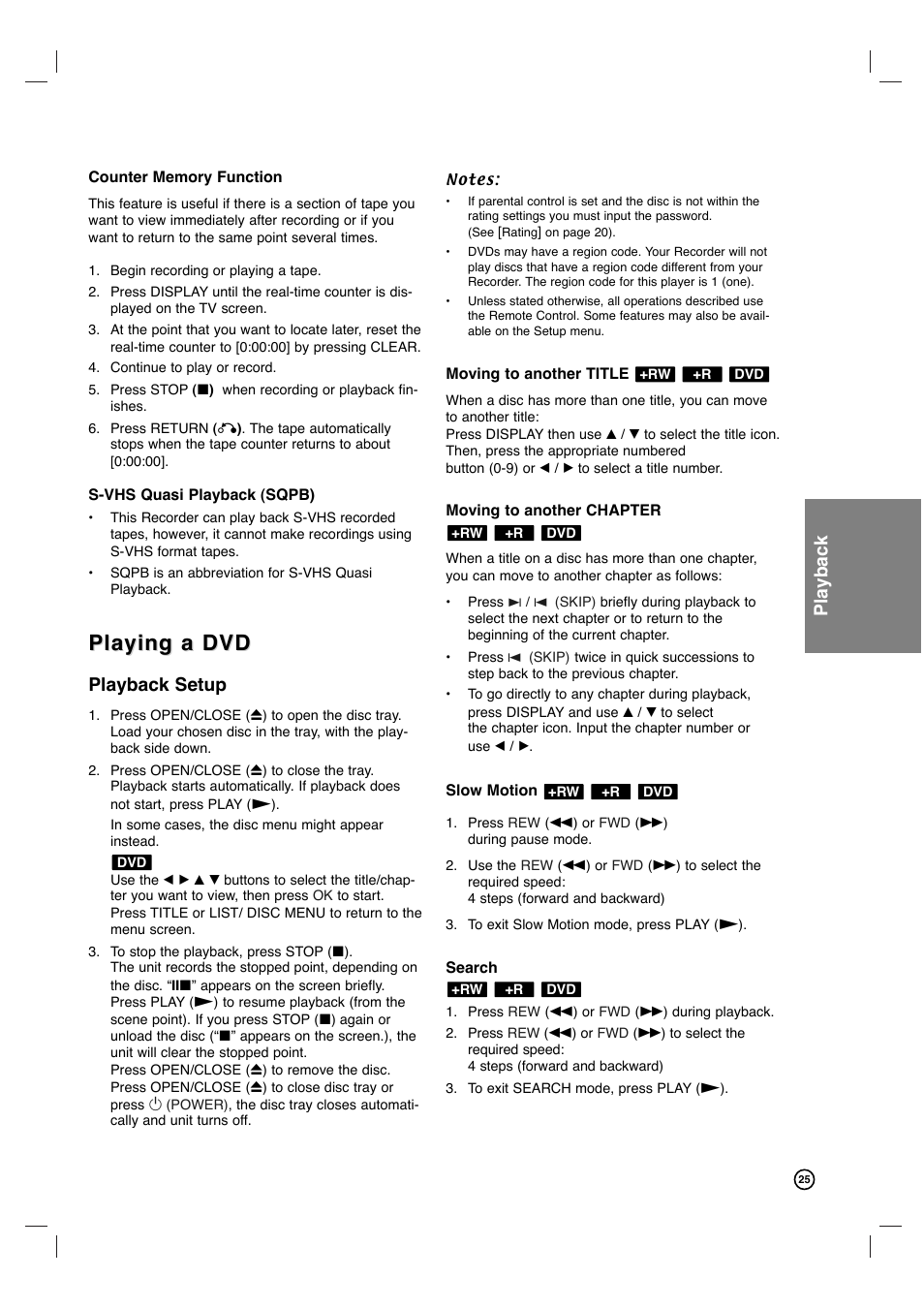 Playing a dvd, Playback, Playback setup | Philips VCR & DVD PLAYER DVDR3320V User Manual | Page 25 / 48