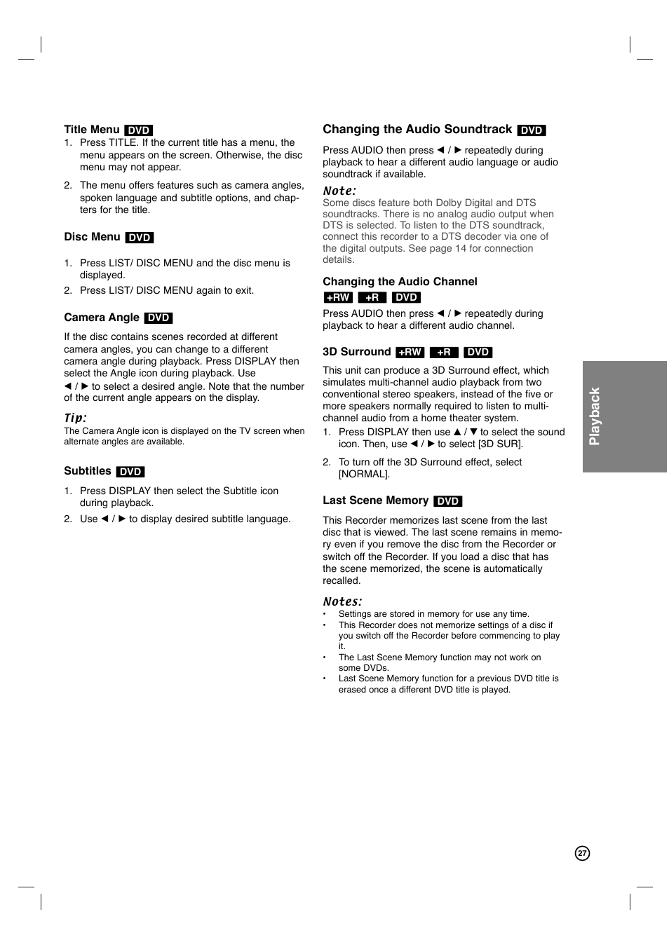 Playback | Philips VCR & DVD PLAYER DVDR3320V User Manual | Page 27 / 48