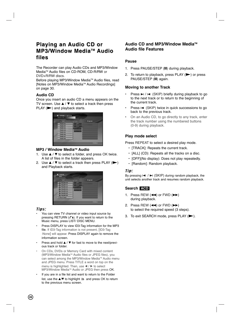 Playing an, Audio, Audio files files | Philips VCR & DVD PLAYER DVDR3320V User Manual | Page 28 / 48