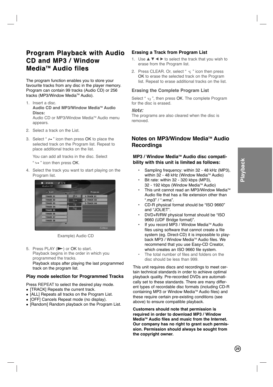 Program playback with, Audio files, Playback | Audio recordings | Philips VCR & DVD PLAYER DVDR3320V User Manual | Page 29 / 48