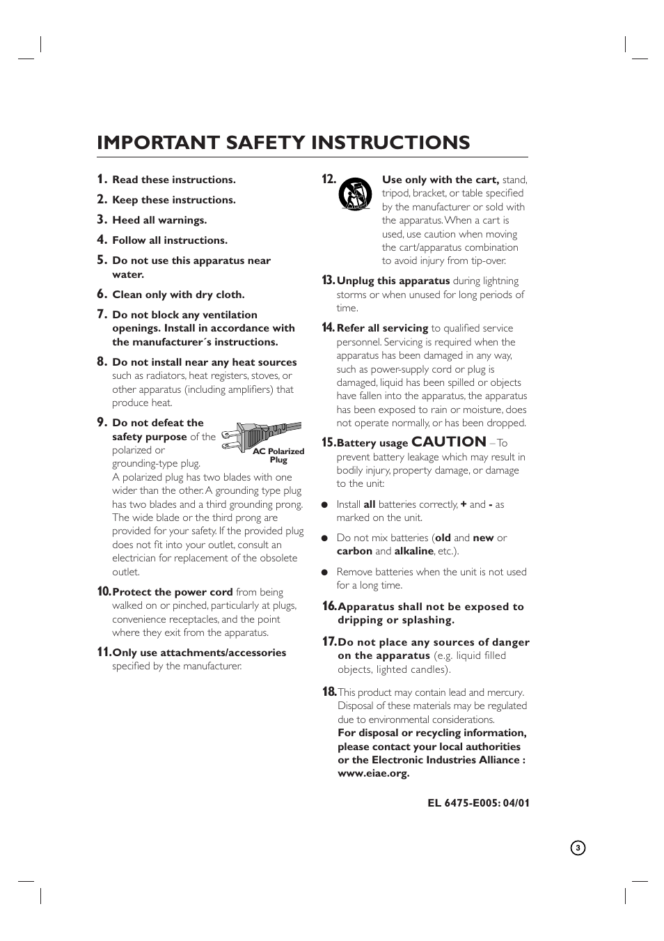 Important safety instructions, Caution | Philips VCR & DVD PLAYER DVDR3320V User Manual | Page 3 / 48