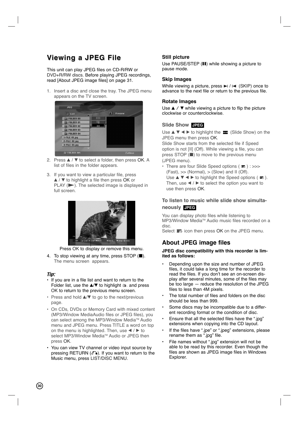 Viewing a jpeg file iewing a jpeg file, About jpeg image files | Philips VCR & DVD PLAYER DVDR3320V User Manual | Page 30 / 48