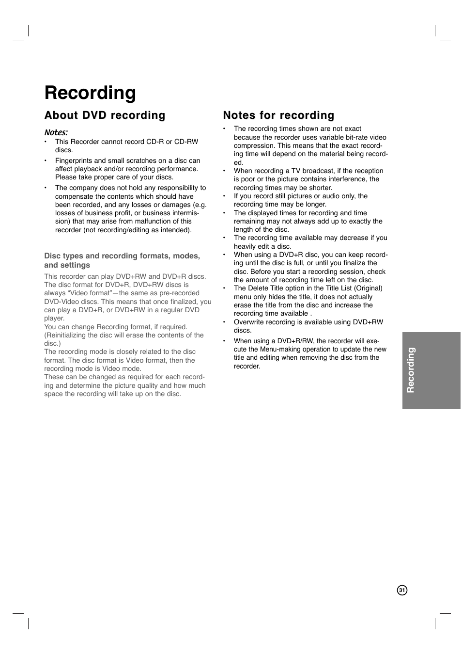 Recording, About dvd recording | Philips VCR & DVD PLAYER DVDR3320V User Manual | Page 31 / 48