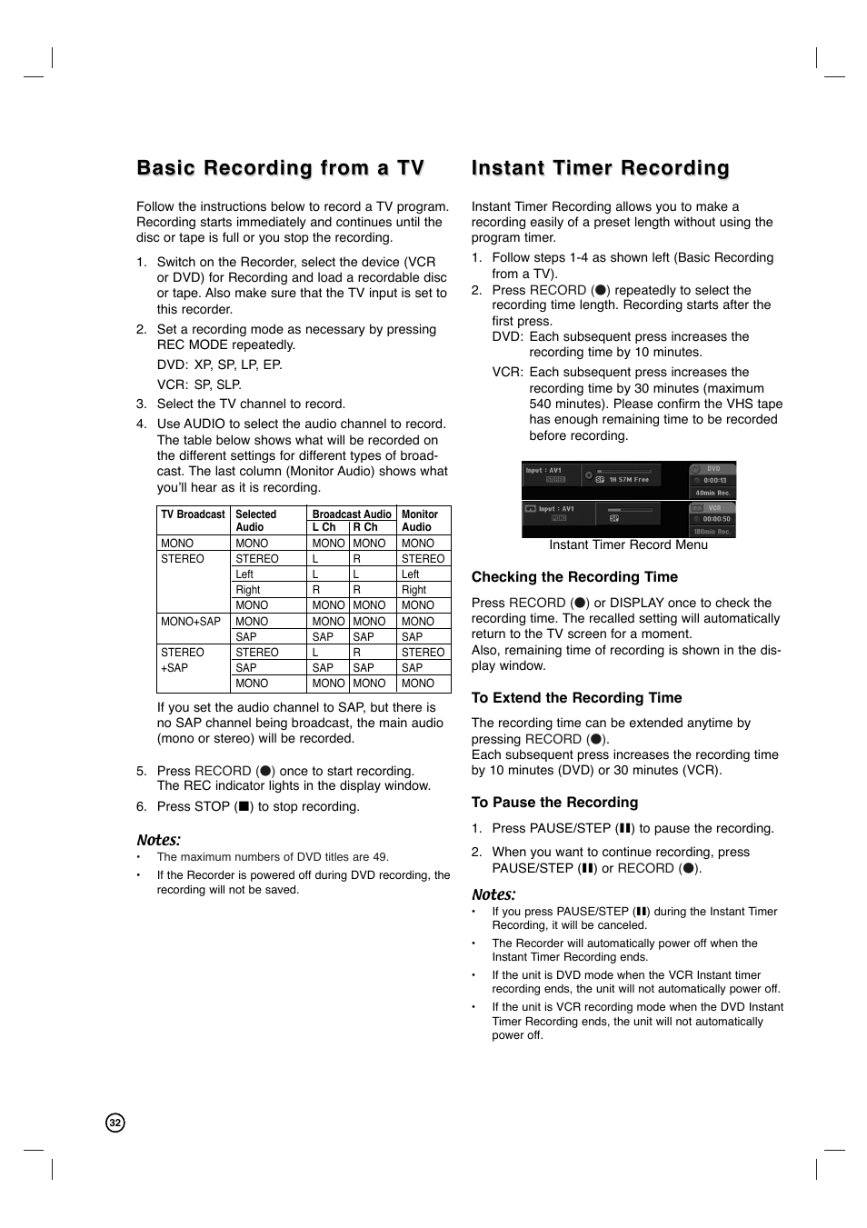 Basic recording from a tv, Instant t, Instant t imer recording imer recording | Philips VCR & DVD PLAYER DVDR3320V User Manual | Page 32 / 48