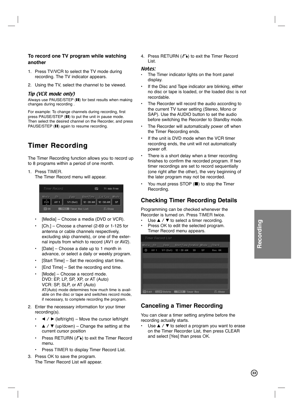 Timer recording imer recording, Recording, Checking timer recording details | Canceling a timer recording | Philips VCR & DVD PLAYER DVDR3320V User Manual | Page 33 / 48