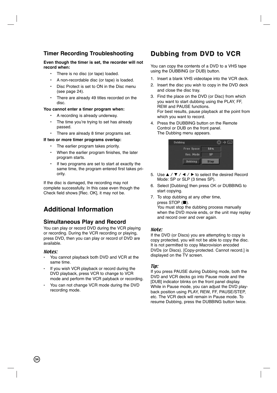 Additional information, Dubbing from dvd to vcr, Timer recording troubleshooting | Simultaneous play and record | Philips VCR & DVD PLAYER DVDR3320V User Manual | Page 34 / 48