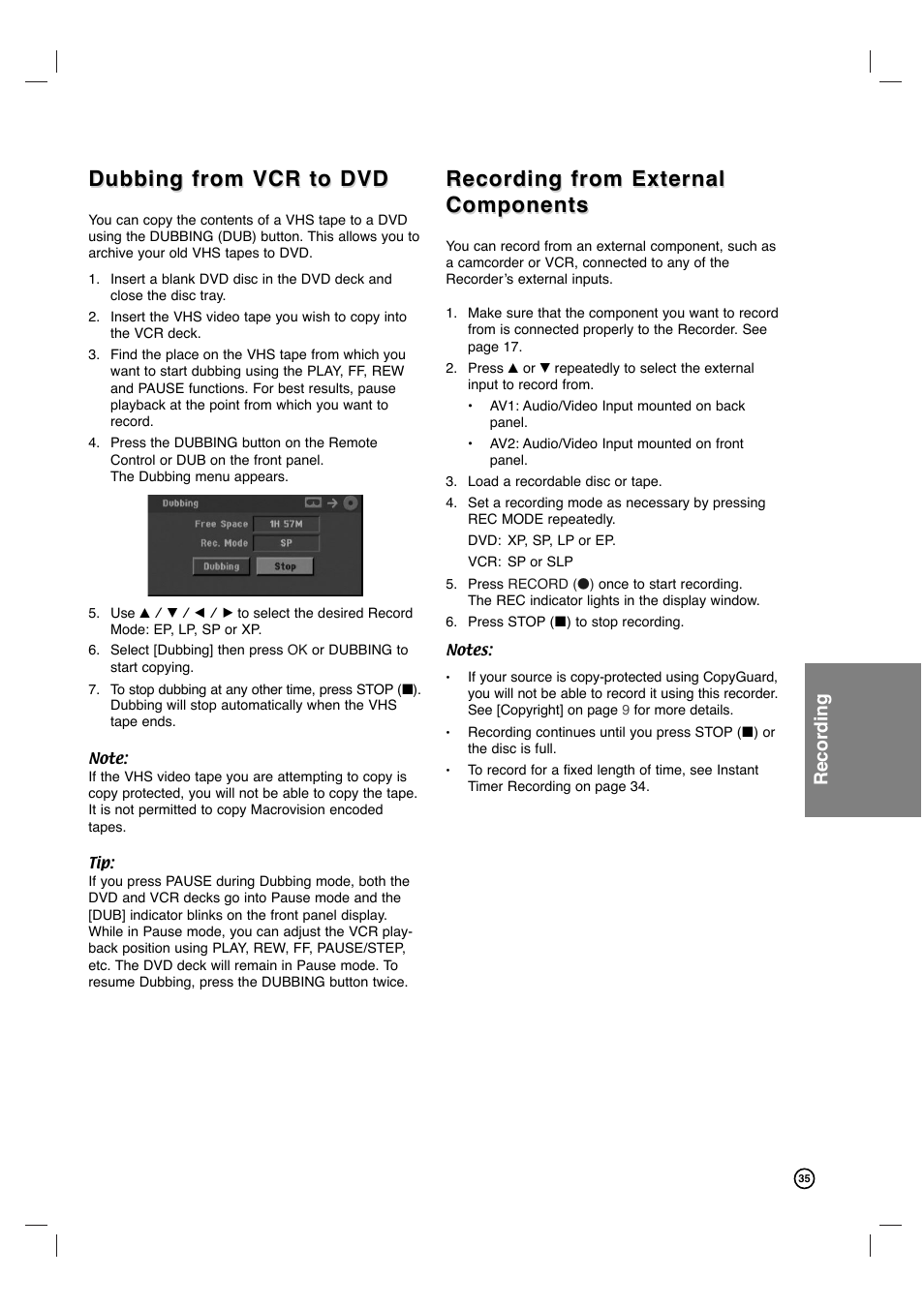 Dubbing from vcr to dvd, Recording from external, Recording from external components components | Recording | Philips VCR & DVD PLAYER DVDR3320V User Manual | Page 35 / 48