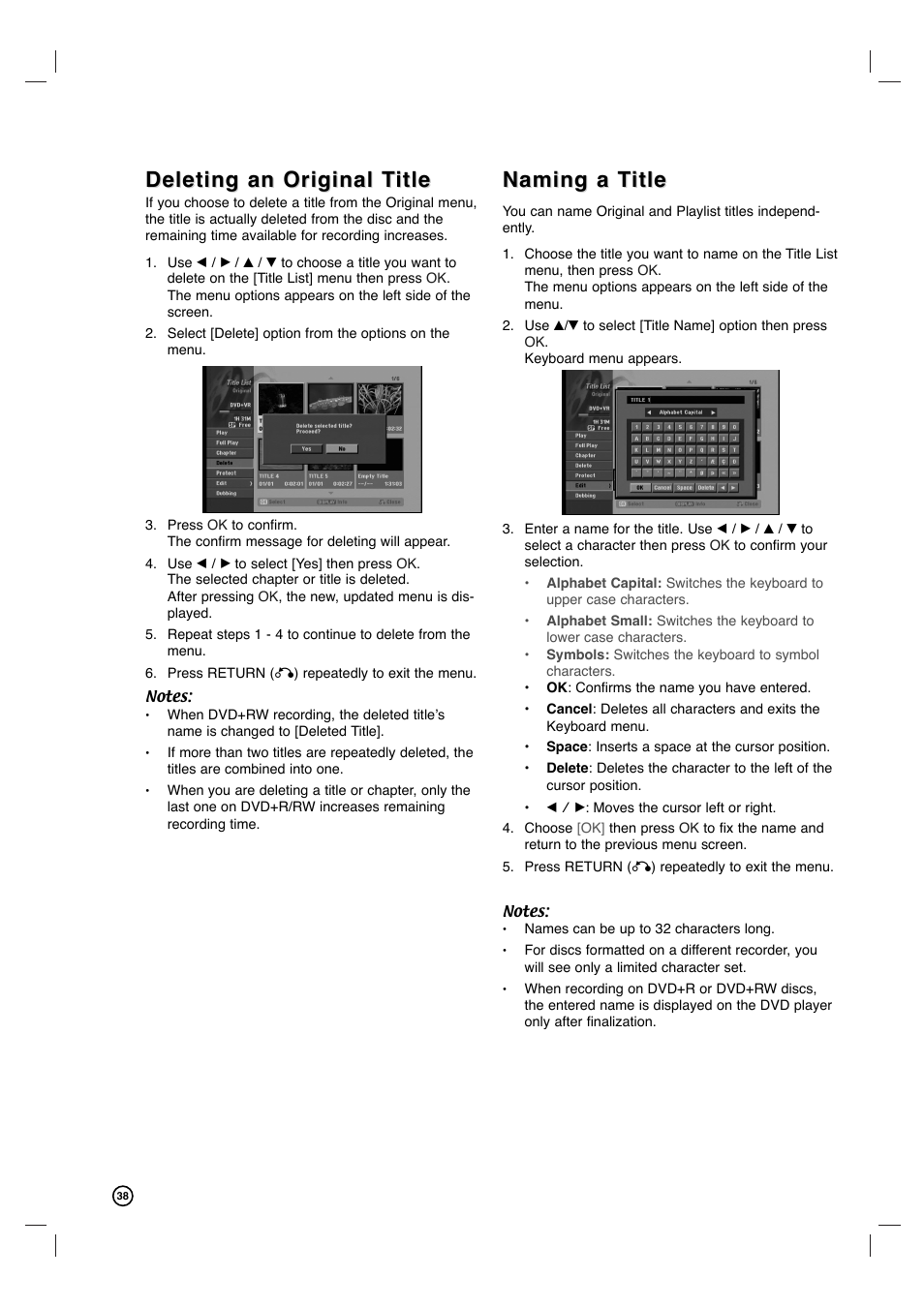 Deleting an original t, Deleting an original t itle itle, Naming a t | Naming a t itle itle | Philips VCR & DVD PLAYER DVDR3320V User Manual | Page 38 / 48