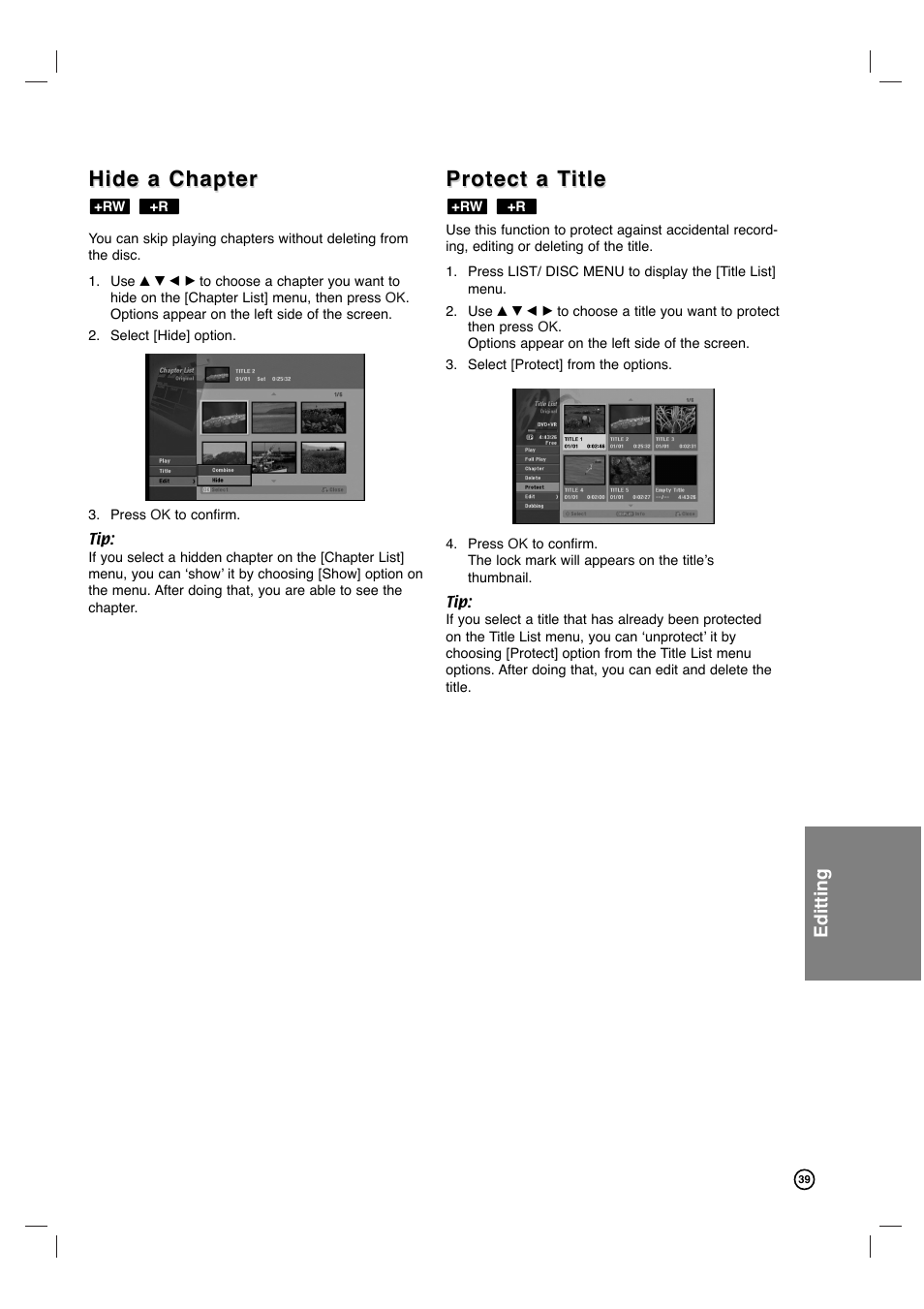 Hide a chapter, Protect a t, Protect a t itle itle | Editting | Philips VCR & DVD PLAYER DVDR3320V User Manual | Page 39 / 48