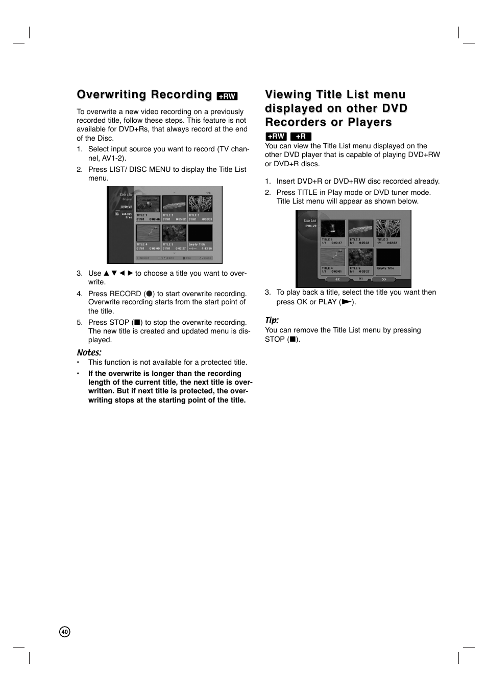 Overwriting recording | Philips VCR & DVD PLAYER DVDR3320V User Manual | Page 40 / 48