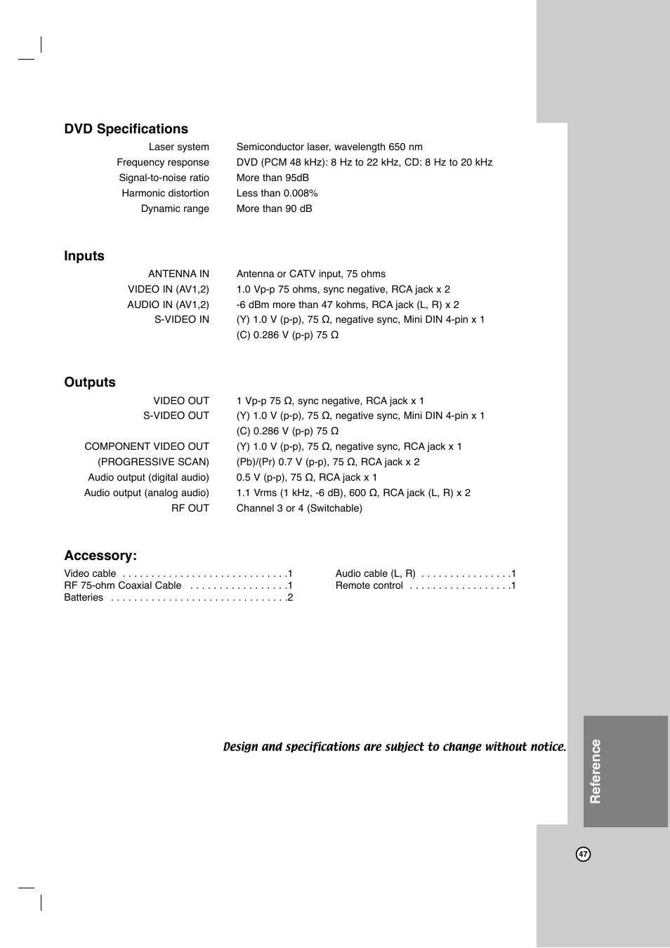 Dubbing, Reference dvd specifications, Inputs | Outputs, Accessory | Philips VCR & DVD PLAYER DVDR3320V User Manual | Page 47 / 48