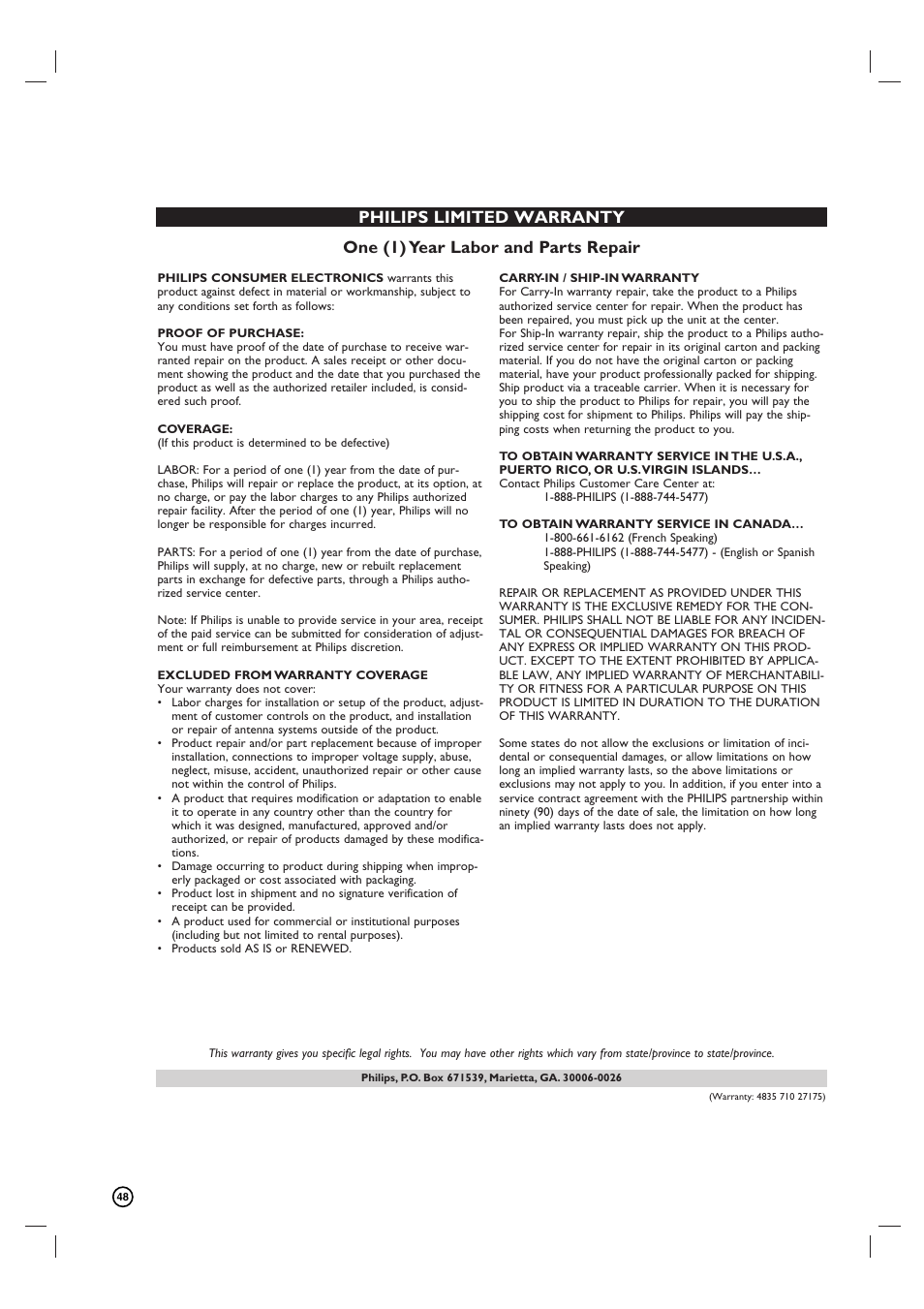 Philips VCR & DVD PLAYER DVDR3320V User Manual | Page 48 / 48