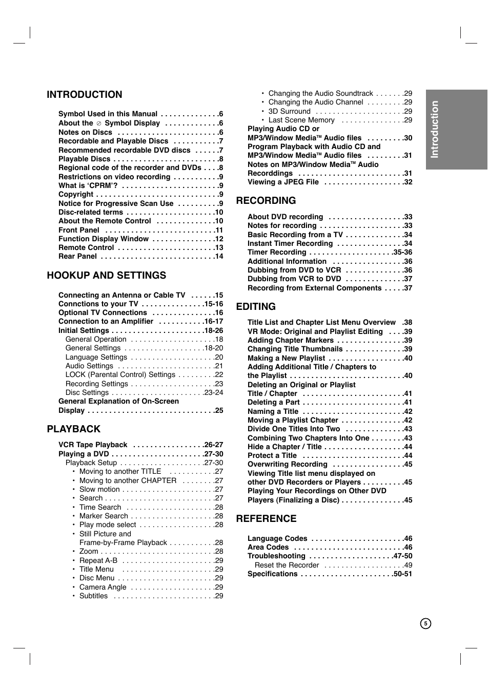 Introduction, Hookup and settings, Playback | Recording, Editing, Reference | Philips VCR & DVD PLAYER DVDR3320V User Manual | Page 5 / 48