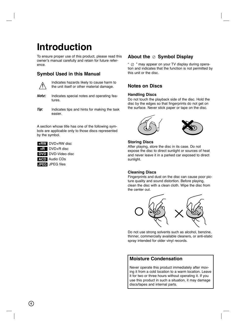 Introduction, Symbol used in this manual, About the symbol display | Moisture condensation | Philips VCR & DVD PLAYER DVDR3320V User Manual | Page 6 / 48