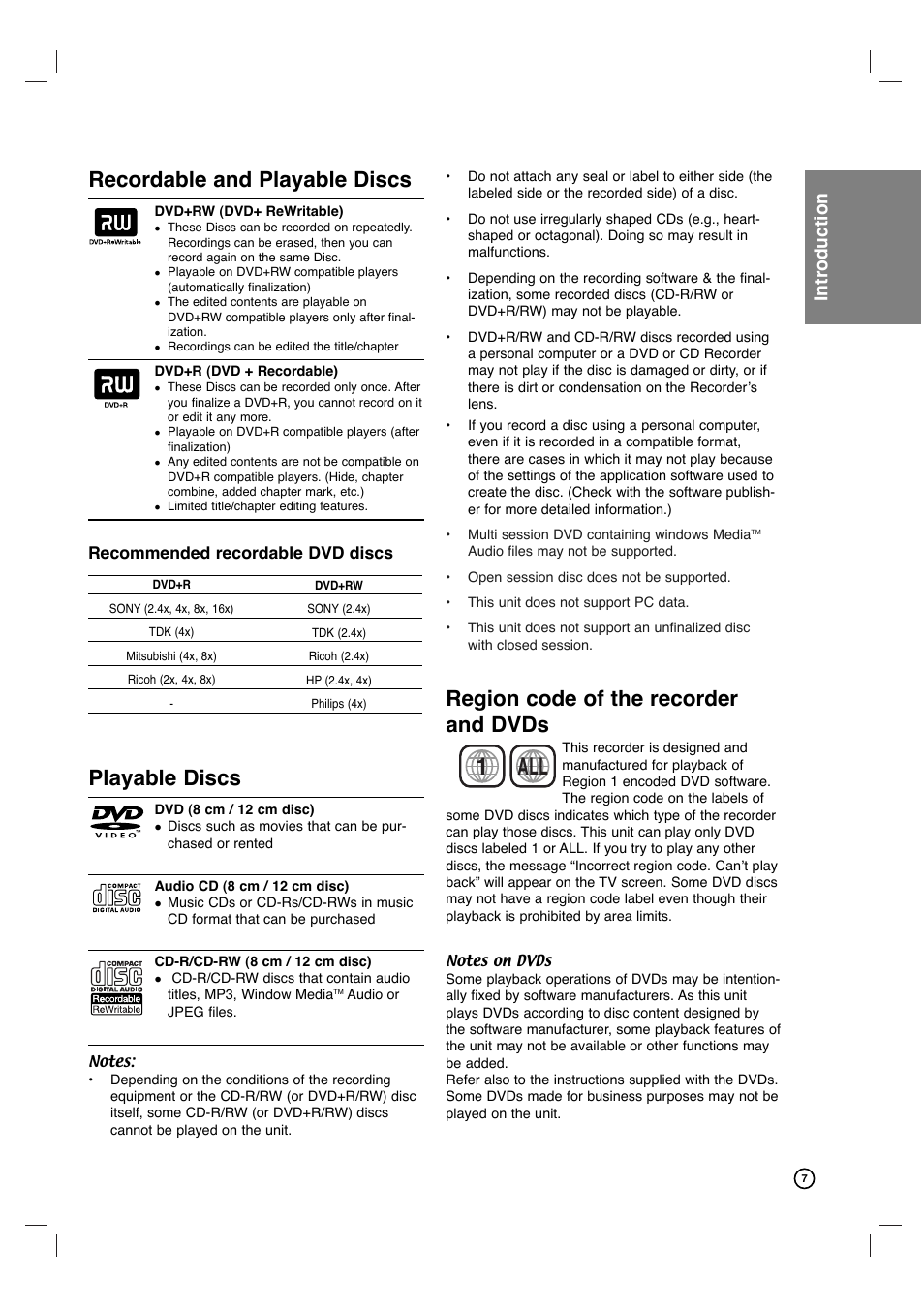 1all, Recordable and playable discs, Playable discs | Region code of the recorder and dvds, Introduction | Philips VCR & DVD PLAYER DVDR3320V User Manual | Page 7 / 48