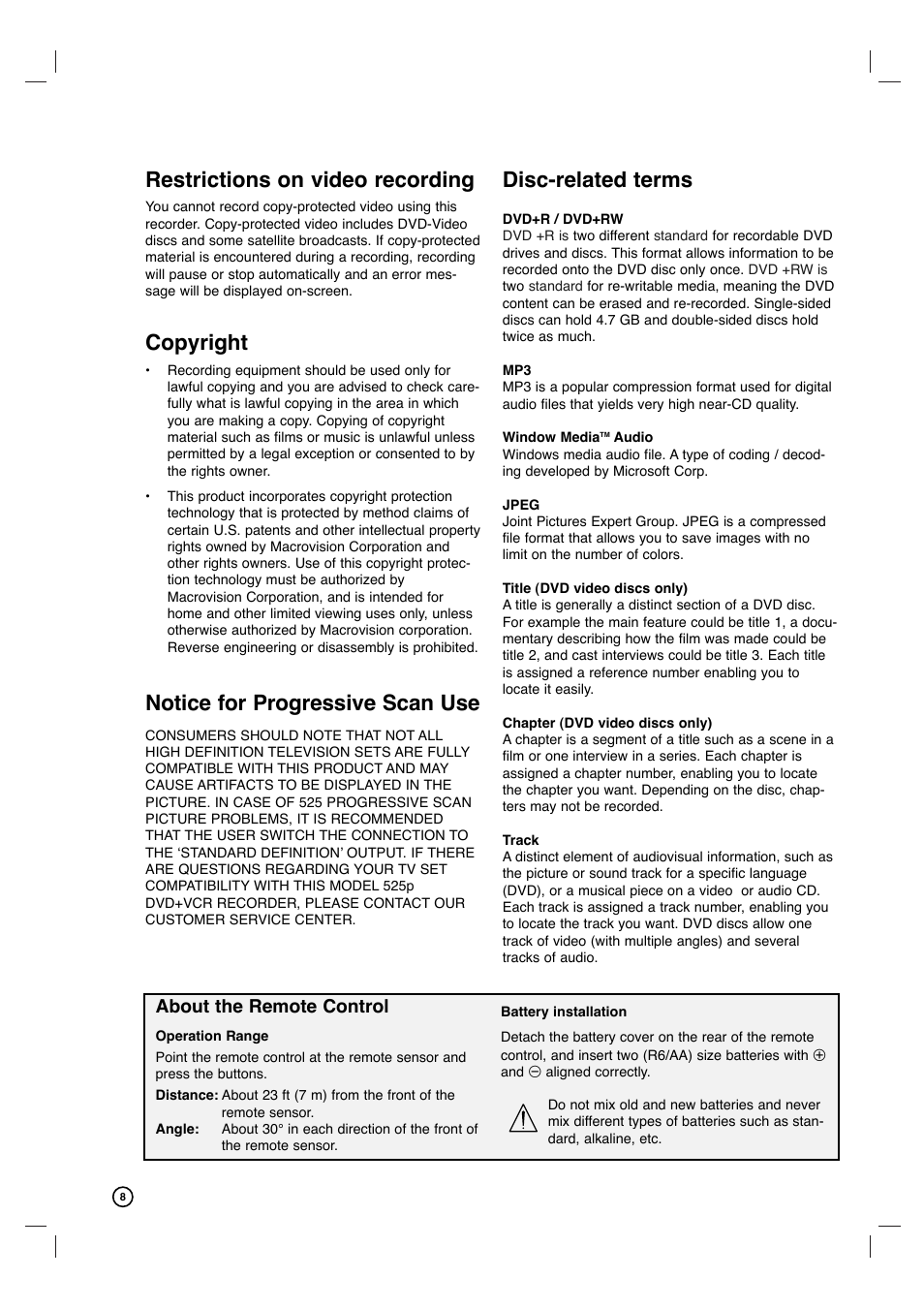 Restrictions on video recording, Copyright, Notice for progressive scan use | Disc-related terms, About the remote control | Philips VCR & DVD PLAYER DVDR3320V User Manual | Page 8 / 48