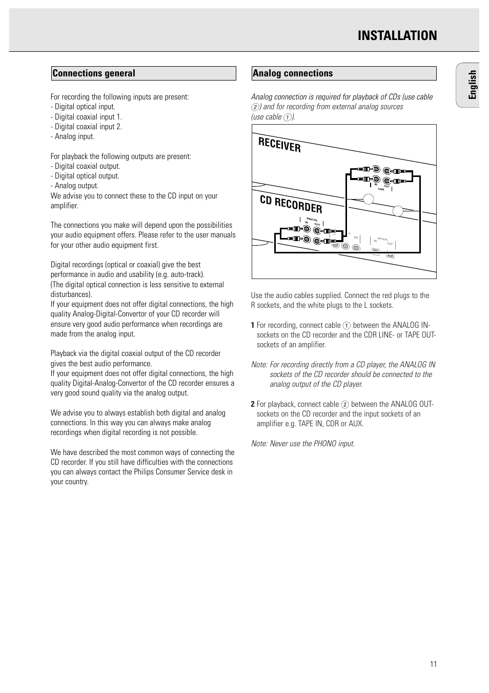 Installation, Cd recorder receiver, English | Analog connections connections general | Philips CDR951 User Manual | Page 3 / 5