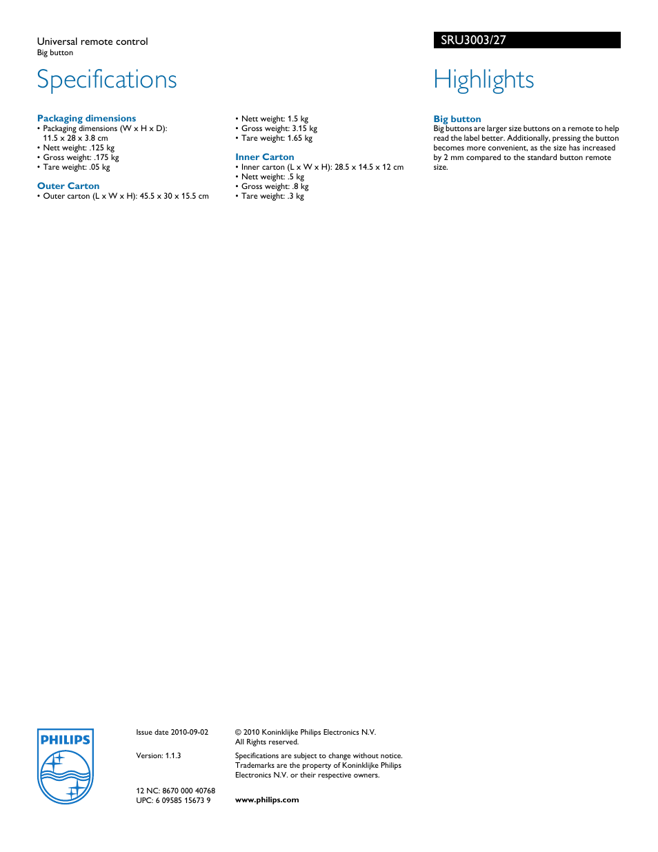 Specifications, Highlights | Philips SRU3003 User Manual | Page 2 / 2