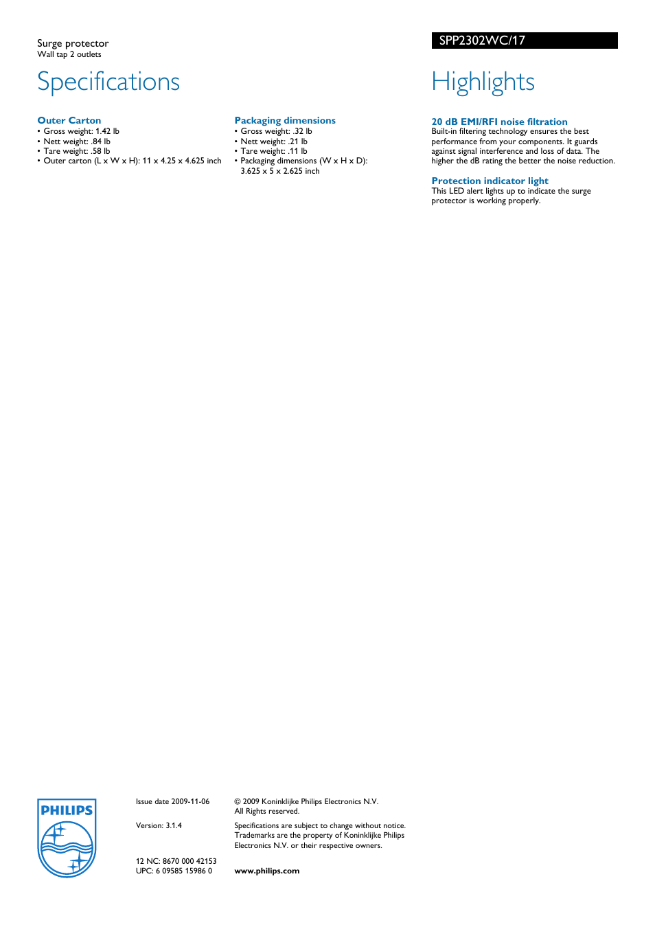 Specifications, Highlights | Philips SPP2302WC User Manual | Page 2 / 2