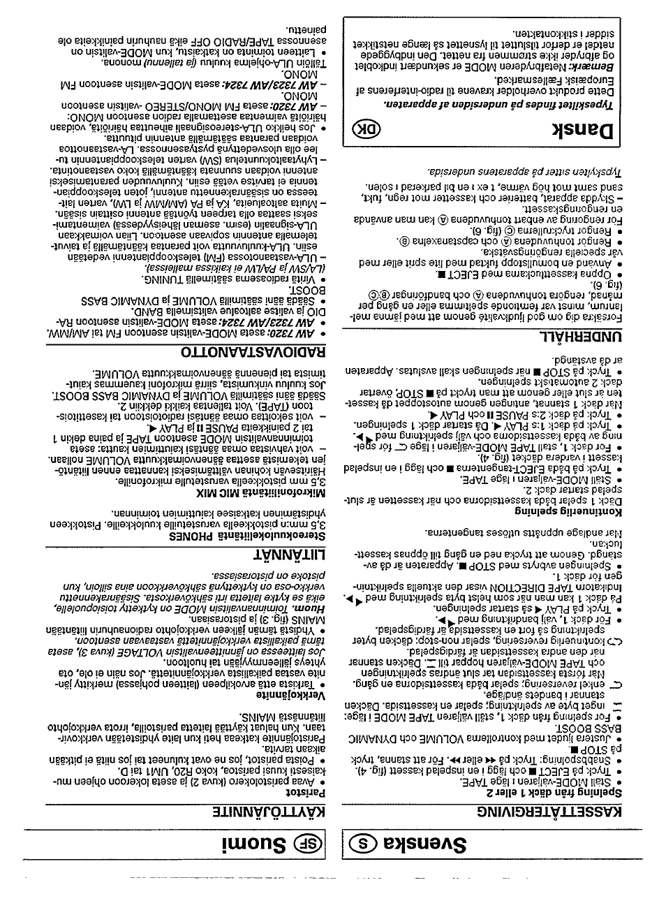 Svenska (s) (|^ suomi, Kassettatergiving, Kayttojaimimite | Kontinuerlig spelning, Underhàll, Paristot, Verkkojannhe, Liitaimimat, Stereokuuiokeliitântâ phones, Mikrofoniliitântâ mic mix | Philips AW 7323 User Manual | Page 6 / 7