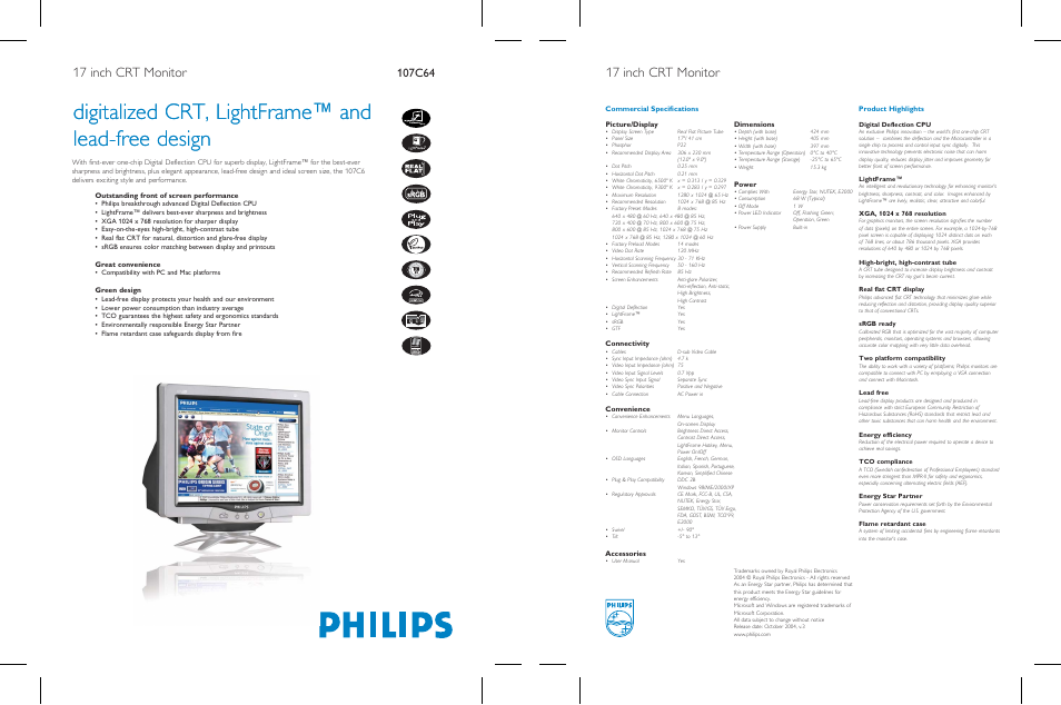 Digitalized crt, lightframe™ and lead-free design, 17 inch crt monitor, Outstanding front of screen performance | Great convenience, Green design, Picture/display, Connectivity, Convenience, Accessories, Dimensions | Philips 107C64 User Manual | Page 2 / 2