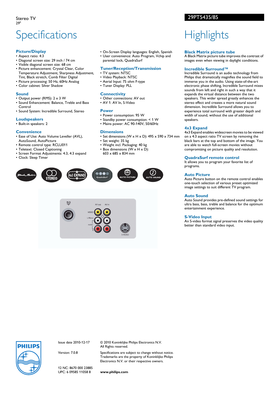 Specifications, Highlights | Philips 29PT5435 User Manual | Page 2 / 2