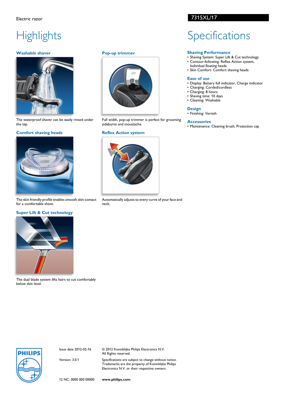 Highlights, Specifications | Philips 7315XL User Manual | Page 2 / 2