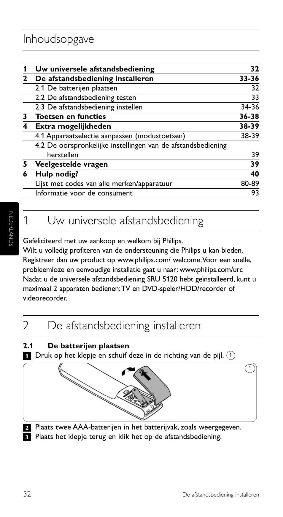 Inhoudsopgave, 1uw universele afstandsbediening, 2de afstandsbediening installeren | Philips SRU 5120/86 User Manual | Page 32 / 96