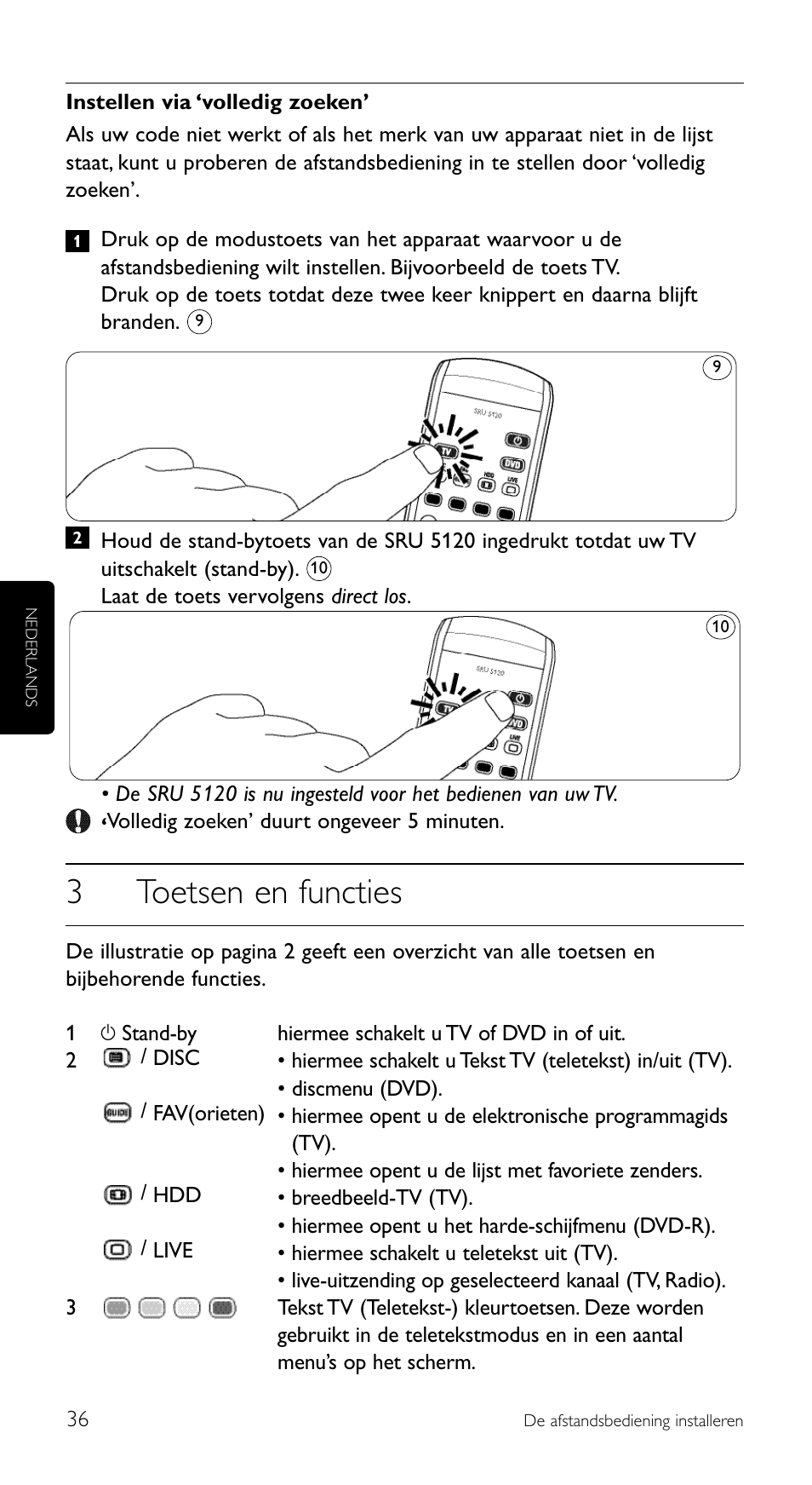 3toetsen en functies | Philips SRU 5120/86 User Manual | Page 36 / 96