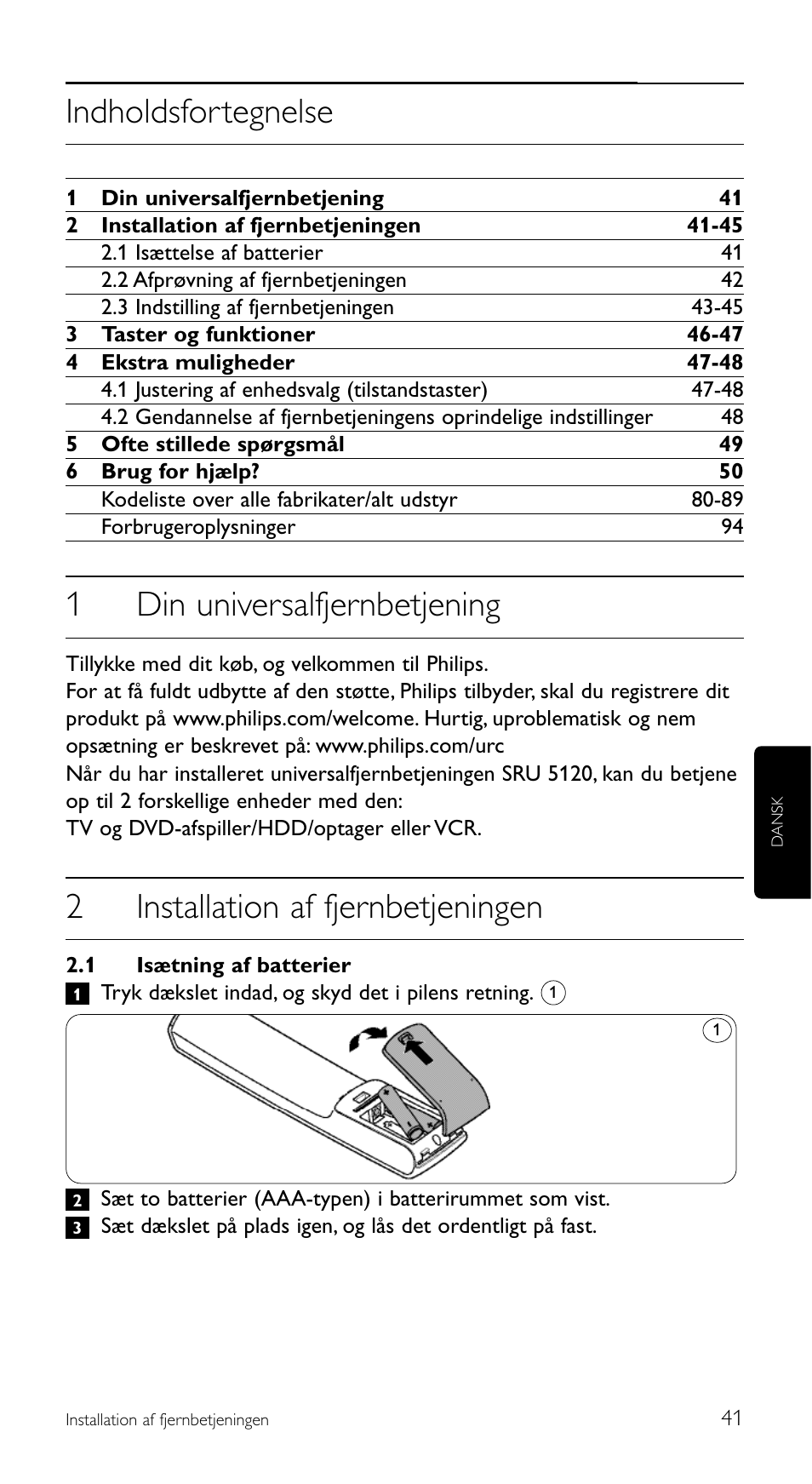 Indholdsfortegnelse, 1din universalfjernbetjening, 2installation af fjernbetjeningen | Philips SRU 5120/86 User Manual | Page 41 / 96