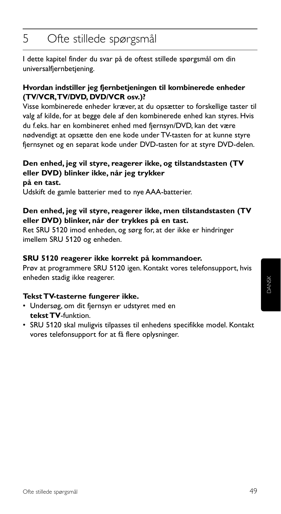 5ofte stillede spørgsmål | Philips SRU 5120/86 User Manual | Page 49 / 96