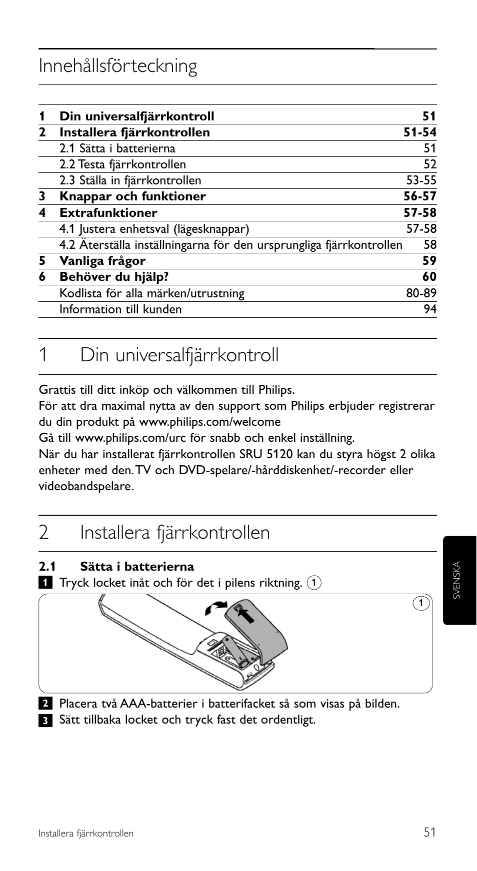 Innehållsförteckning, 1din universalfjärrkontroll, 2installera fjärrkontrollen | Philips SRU 5120/86 User Manual | Page 51 / 96