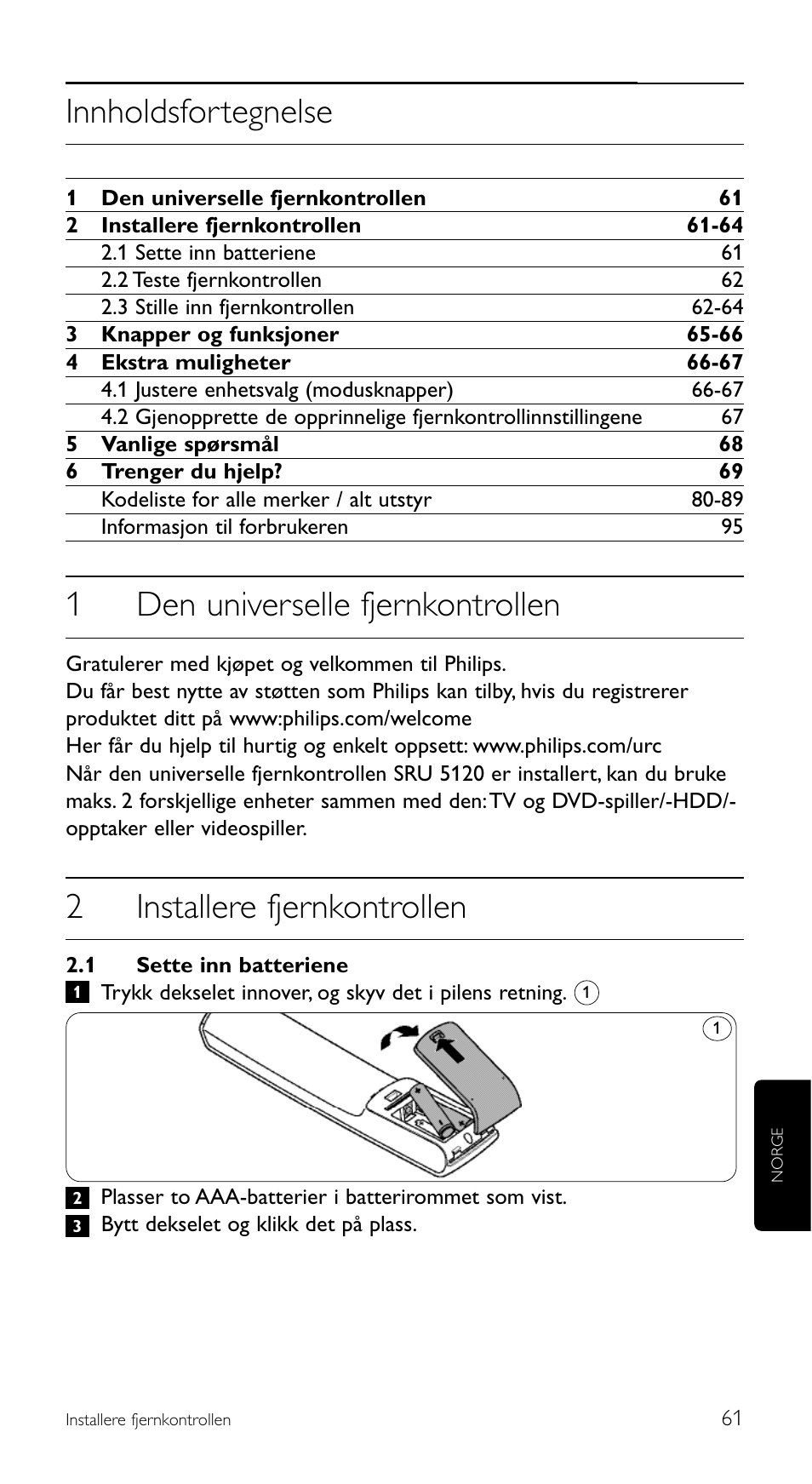 Innholdsfortegnelse, 1den universelle fjernkontrollen, 2installere fjernkontrollen | Philips SRU 5120/86 User Manual | Page 61 / 96